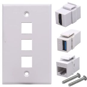 3 Ports Wall Plate, 1 Port HDMI 4k + 1 Port USB3.0 + 1 Port CAT6 RJ45 Outlet Socket Wall Plate, HDMI & USB 3.0 & RJ45 Female to Female Keystone Jack Module Wall Plate