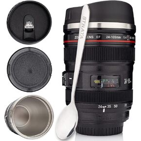 STRATA CUPS Camera Lens Coffee Mug -13.5oz | (2 LIDS + SPOON + BAG) Gifts for Him, Dad Gifts, Photography, Camera accessories, Novelty Gifts, Gifts for Him