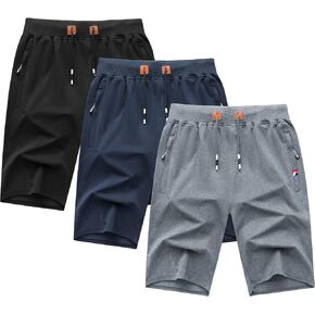GEEK LIGHTING Men's 3 Pack Shorts Casual Comfortable Workout Shorts Drawstring Zipper Pockets Elastic Waist
