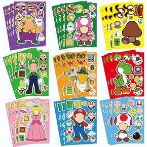 36 Sheets Mario Make a Face Stickers, Cartoon Book Crafts for Kids, DIY Party Supplies Favors Your Own Mixed and Matched with Different Designs Characters Birthday Gifts Class Reward Decor