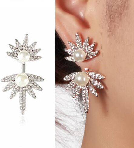 Jumwrit مابل ليف أقراط اللؤلؤ سترة الأذن الأقراط الأمامية الخلفية تتدلى الأقراط حجر الراين سترة الأذن الكفة الأقراط للنساء الفتيات in Kuwait