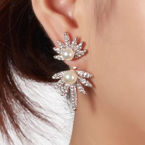 Jumwrit مابل ليف أقراط اللؤلؤ سترة الأذن الأقراط الأمامية الخلفية تتدلى الأقراط حجر الراين سترة الأذن الكفة الأقراط للنساء الفتيات in Kuwait