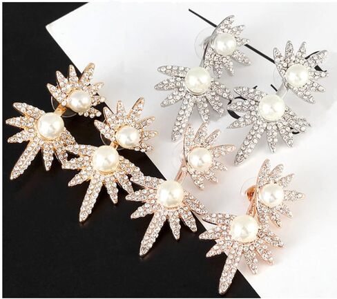 Jumwrit مابل ليف أقراط اللؤلؤ سترة الأذن الأقراط الأمامية الخلفية تتدلى الأقراط حجر الراين سترة الأذن الكفة الأقراط للنساء الفتيات in Kuwait