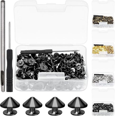 Swpeet 102Pcs Gold Cone Spikes and Studs Kit with Installation Tools, Back Leather Craft Rapid Rivet Screws Punk Studs and Spikes, Spikes Bullet Cone Spikes Screw for Clothing Shoes Leather Craft in Saudi Arabia