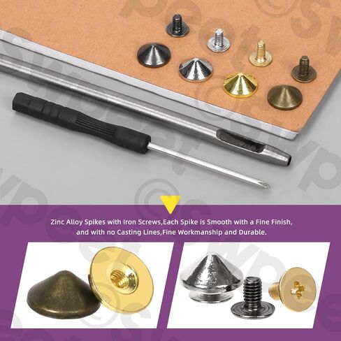 Swpeet 102Pcs Gold Cone Spikes and Studs Kit with Installation Tools, Back Leather Craft Rapid Rivet Screws Punk Studs and Spikes, Spikes Bullet Cone Spikes Screw for Clothing Shoes Leather Craft in Saudi Arabia