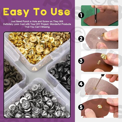 Swpeet 102Pcs Gold Cone Spikes and Studs Kit with Installation Tools, Back Leather Craft Rapid Rivet Screws Punk Studs and Spikes, Spikes Bullet Cone Spikes Screw for Clothing Shoes Leather Craft in Saudi Arabia