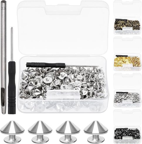 Swpeet 102Pcs Gold Cone Spikes and Studs Kit with Installation Tools, Back Leather Craft Rapid Rivet Screws Punk Studs and Spikes, Spikes Bullet Cone Spikes Screw for Clothing Shoes Leather Craft in Saudi Arabia