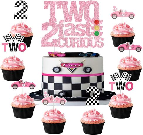 Two Fast Two Curious Birthday Decorations, 25Pcs Race Car Cake Topper Cupcake Toppers Pink for Girl 2nd Birthday Let’s Go Racing Party Supplies in Saudi Arabia