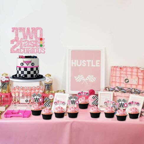 Two Fast Two Curious Birthday Decorations, 25Pcs Race Car Cake Topper Cupcake Toppers Pink for Girl 2nd Birthday Let’s Go Racing Party Supplies in Saudi Arabia