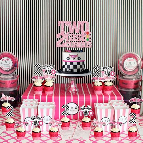Two Fast Two Curious Birthday Decorations, 25Pcs Race Car Cake Topper Cupcake Toppers Pink for Girl 2nd Birthday Let’s Go Racing Party Supplies in Saudi Arabia