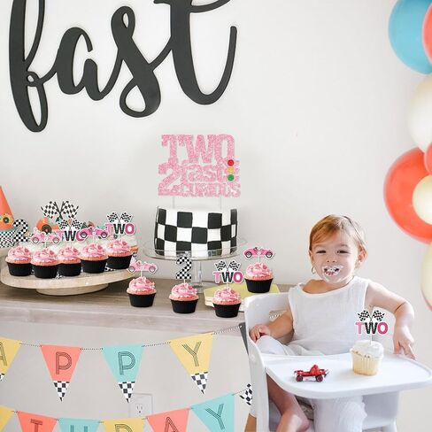 Two Fast Two Curious Birthday Decorations, 25Pcs Race Car Cake Topper Cupcake Toppers Pink for Girl 2nd Birthday Let’s Go Racing Party Supplies in Saudi Arabia
