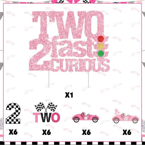 Two Fast Two Curious Birthday Decorations, 25Pcs Race Car Cake Topper Cupcake Toppers Pink for Girl 2nd Birthday Let’s Go Racing Party Supplies in Saudi Arabia