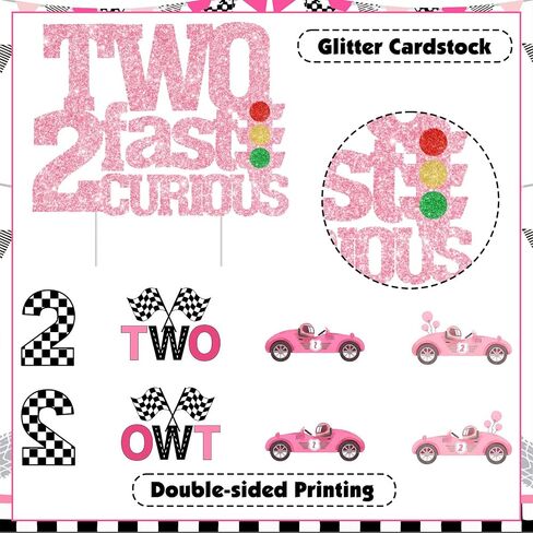 Two Fast Two Curious Birthday Decorations, 25Pcs Race Car Cake Topper Cupcake Toppers Pink for Girl 2nd Birthday Let’s Go Racing Party Supplies in Saudi Arabia