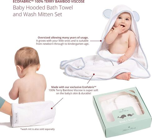 Fishers Finery Bamboo Viscose Baby Hooded Bath Towel & Washcloth Set - Unique Mitten Design (Blue) in Saudi Arabia