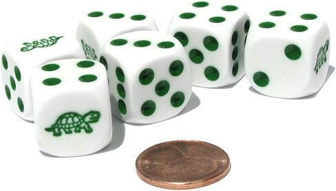 Set of 6 Turtle 16mm D6 Round Edged Koplow Animal Dice - White with Green Pips in Saudi Arabia