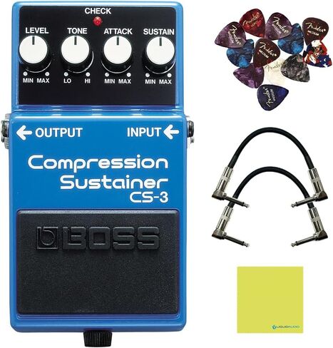Boss CS-3 Compression Sustainer Pedal Bundle w/2x Strukture S6P48 Woven Right Angle Patch Cables, 12x Guitar Picks and Liquid Audio Polishing Cloth in Saudi Arabia