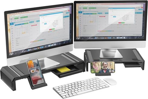 حامل شاشة كمبيوتر مزدوج مع حامل هاتف درج، حامل شاشة كمبيوتر قابل للطي وقابل للتعديل للمكتب وأجهزة الكمبيوتر المحمولة والأجهزة اللوحية والطابعات وشاشة التلفزيون وتخزين لوحة المفاتيح وأفكار الهدايا - أبيض in Kuwait