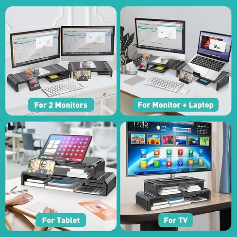 حامل شاشة كمبيوتر مزدوج مع حامل هاتف درج، حامل شاشة كمبيوتر قابل للطي وقابل للتعديل للمكتب وأجهزة الكمبيوتر المحمولة والأجهزة اللوحية والطابعات وشاشة التلفزيون وتخزين لوحة المفاتيح وأفكار الهدايا - أبيض in Kuwait