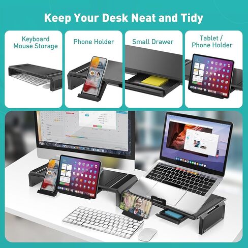 حامل شاشة كمبيوتر مزدوج مع حامل هاتف درج، حامل شاشة كمبيوتر قابل للطي وقابل للتعديل للمكتب وأجهزة الكمبيوتر المحمولة والأجهزة اللوحية والطابعات وشاشة التلفزيون وتخزين لوحة المفاتيح وأفكار الهدايا - أبيض in Kuwait