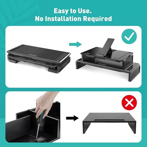 حامل شاشة كمبيوتر مزدوج مع حامل هاتف درج، حامل شاشة كمبيوتر قابل للطي وقابل للتعديل للمكتب وأجهزة الكمبيوتر المحمولة والأجهزة اللوحية والطابعات وشاشة التلفزيون وتخزين لوحة المفاتيح وأفكار الهدايا - أبيض in Kuwait