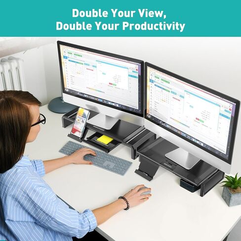 حامل شاشة كمبيوتر مزدوج مع حامل هاتف درج، حامل شاشة كمبيوتر قابل للطي وقابل للتعديل للمكتب وأجهزة الكمبيوتر المحمولة والأجهزة اللوحية والطابعات وشاشة التلفزيون وتخزين لوحة المفاتيح وأفكار الهدايا - أبيض in Kuwait