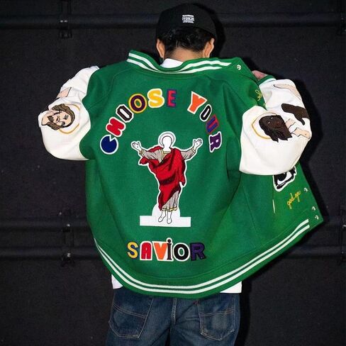 Men's Graphic Print Varsity Jacket Super star Vintage Color-coded Jesus baseball jacket coat in Saudi Arabia