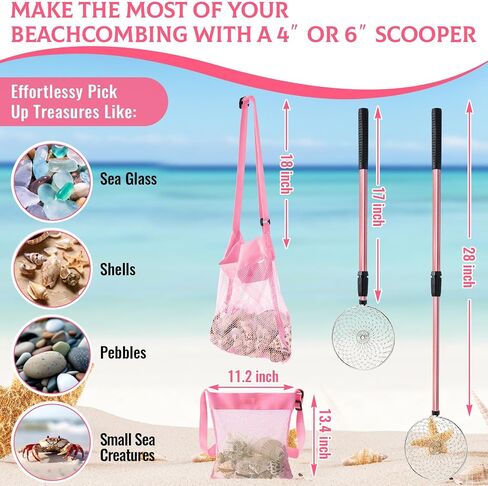 Liliful 3 Pcs Shelling Tools for Beach 28" Shark Tooth Sifter Long Handle Beach Sand Sifter Mesh Shovel with Seashell Bags Detachable Shell Scooper for Familys (Pink) in Saudi Arabia