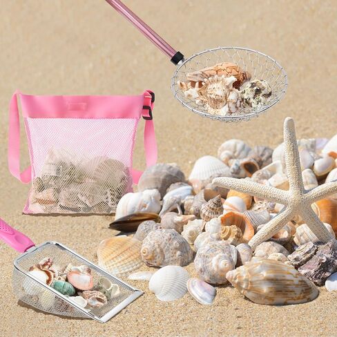 Liliful 3 Pcs Shelling Tools for Beach 28" Shark Tooth Sifter Long Handle Beach Sand Sifter Mesh Shovel with Seashell Bags Detachable Shell Scooper for Familys (Pink) in Saudi Arabia
