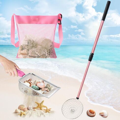 Liliful 3 Pcs Shelling Tools for Beach 28" Shark Tooth Sifter Long Handle Beach Sand Sifter Mesh Shovel with Seashell Bags Detachable Shell Scooper for Familys (Pink) in Saudi Arabia