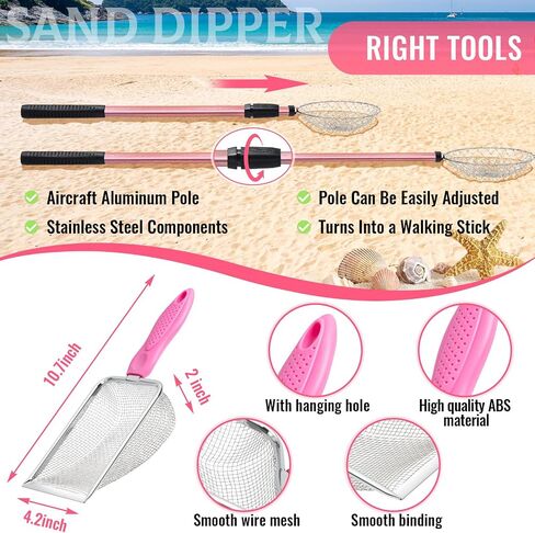 Liliful 3 Pcs Shelling Tools for Beach 28" Shark Tooth Sifter Long Handle Beach Sand Sifter Mesh Shovel with Seashell Bags Detachable Shell Scooper for Familys (Pink) in Saudi Arabia