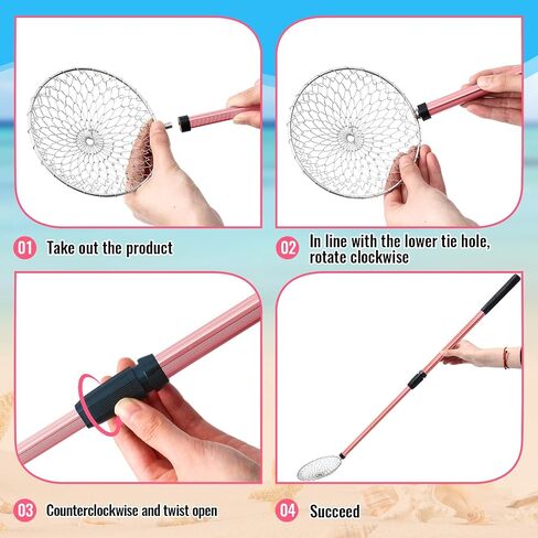 Liliful 3 Pcs Shelling Tools for Beach 28" Shark Tooth Sifter Long Handle Beach Sand Sifter Mesh Shovel with Seashell Bags Detachable Shell Scooper for Familys (Pink) in Saudi Arabia