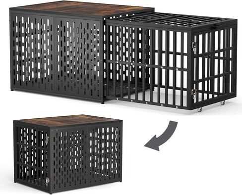 KELIXU الثقيلة الكلب قفص الأثاث بيت الكلب تصميم الانسحاب و 3 أبواب، صناديق الحيوانات الأليفة المعدنية القوية الكبيرة وبيت للكلاب، طول قابل للتعديل من 38 "إلى 70"، سهلة التركيب، أسود in Kuwait
