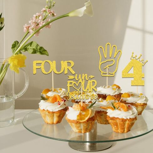أغطية كب كيك عيد الميلاد الرابع، زينة كعكة عيد الميلاد الرابع، زينة كعكة عيد الميلاد الرابع، لوازم ديكور حفلات عيد الميلاد الرابع السعيد، ذهبي 24 قطعة in Saudi Arabia