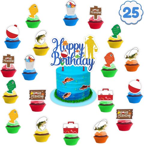 25pcs الأسماك ذهب الصيد كعكة توبر كب كيك القبعات العالية عيد ميلاد حزب الزينة تحت عنوان المحيط صياد البحر ديكور الجدول المركزية للأطفال صبي البالغين في سن المراهقة استحمام الطفل لوازم الحفلات الطرف تفضل in Saudi Arabia