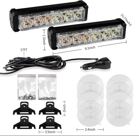 2X 6.1 inch Amber White Emergency Strobe Lights 12 LED Hazard Warning Flashing Safety Dash Front/Rear Windshield Deck Split Lights Grille Surface Mount for Construction Vehicles Tow/Plow Trucks in Kuwait