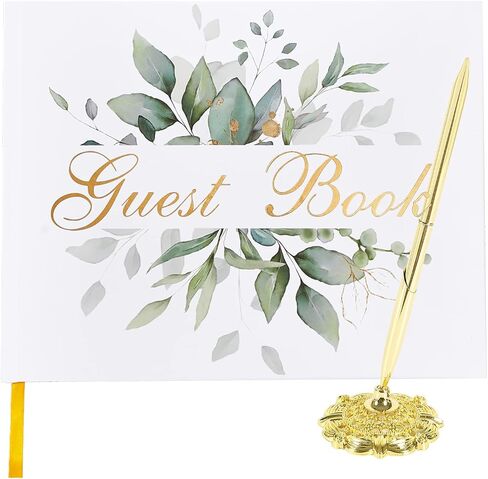 Wedding Guest Book with Pen and Pen Holder, Lined Sign in Wedding Registry Guestbook, Hard Cover with Gold Foil, Gilded Edges, 7" x 9" (Eucalyptus Gold Foil, Book, Pen and Pen Holder) in Kuwait