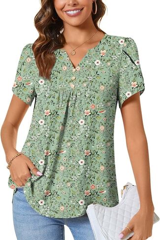 CATHY Womens Fashion Short Sleeve Tops Dressy Petal Sleeve Button T-Shirts Casual Chiffon Tunic Blouse in Kuwait