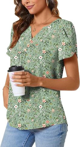 CATHY Womens Fashion Short Sleeve Tops Dressy Petal Sleeve Button T-Shirts Casual Chiffon Tunic Blouse in Kuwait