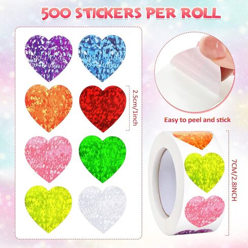 Gersoniel 2 Rolls 1000 Pcs Glitter Heart Stickers Heart Stickers for Kids Teacher 1 Inch Self Adhesive Colorful for Birthday Wedding School Classroom Party Decoration(Bright Colors) in Saudi Arabia
