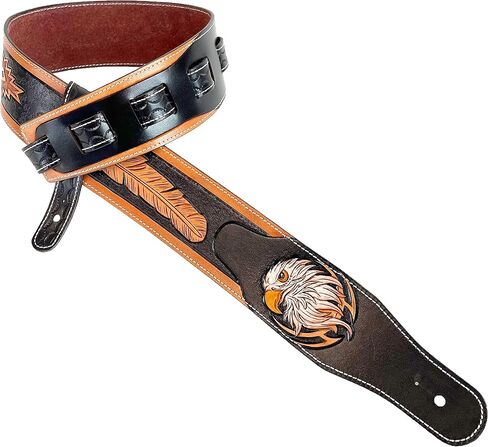 Walker & Williams LCT-21 Handmade And Tooled Black And Tan Super Premium Leather Guitar Strap with Native Feather & Eagle For Acoustic, Electric, And Bass Guitars in Saudi Arabia