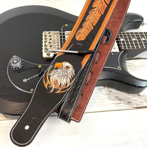 Walker & Williams LCT-21 Handmade And Tooled Black And Tan Super Premium Leather Guitar Strap with Native Feather & Eagle For Acoustic, Electric, And Bass Guitars in Saudi Arabia
