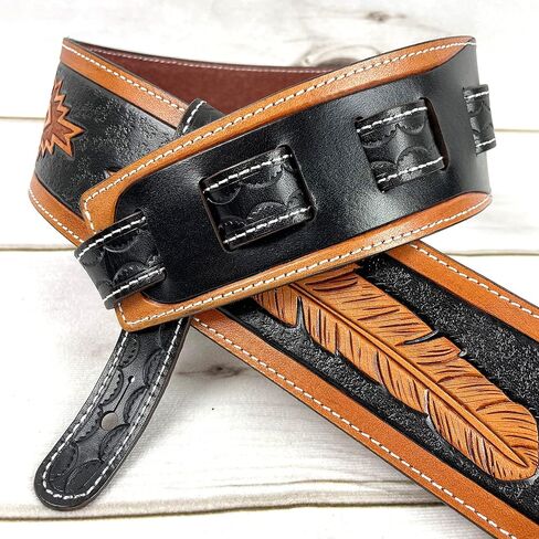 Walker & Williams LCT-21 Handmade And Tooled Black And Tan Super Premium Leather Guitar Strap with Native Feather & Eagle For Acoustic, Electric, And Bass Guitars in Saudi Arabia