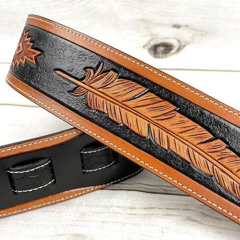 Walker & Williams LCT-21 Handmade And Tooled Black And Tan Super Premium Leather Guitar Strap with Native Feather & Eagle For Acoustic, Electric, And Bass Guitars in Saudi Arabia