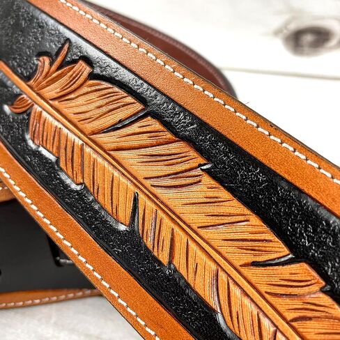 Walker & Williams LCT-21 Handmade And Tooled Black And Tan Super Premium Leather Guitar Strap with Native Feather & Eagle For Acoustic, Electric, And Bass Guitars in Saudi Arabia