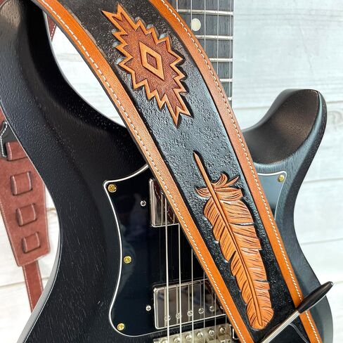 Walker & Williams LCT-21 Handmade And Tooled Black And Tan Super Premium Leather Guitar Strap with Native Feather & Eagle For Acoustic, Electric, And Bass Guitars in Saudi Arabia