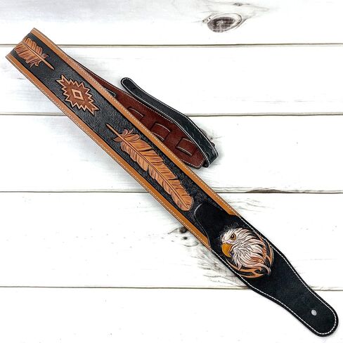 Walker & Williams LCT-21 Handmade And Tooled Black And Tan Super Premium Leather Guitar Strap with Native Feather & Eagle For Acoustic, Electric, And Bass Guitars in Saudi Arabia