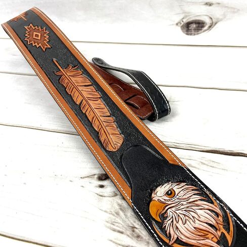 Walker & Williams LCT-21 Handmade And Tooled Black And Tan Super Premium Leather Guitar Strap with Native Feather & Eagle For Acoustic, Electric, And Bass Guitars in Saudi Arabia