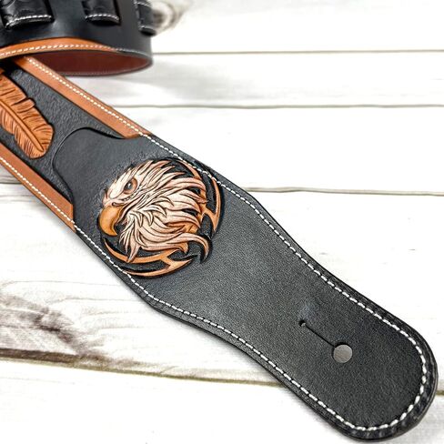 Walker & Williams LCT-21 Handmade And Tooled Black And Tan Super Premium Leather Guitar Strap with Native Feather & Eagle For Acoustic, Electric, And Bass Guitars in Saudi Arabia