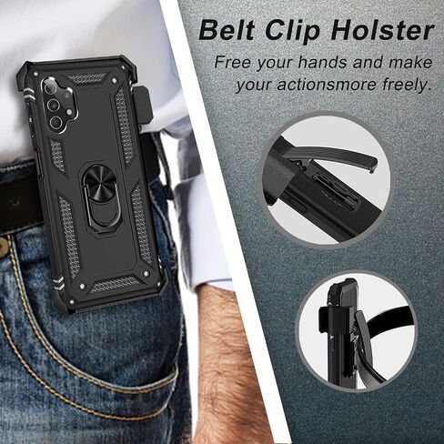for Samsung Galaxy A32 5G Case with Belt Clip Holster Ring Holder, Military Grade Protection Cover[Fit for Magnetic Car Mount] Shockproof Case for Samsung Galaxy A32 5G (Black) in Saudi Arabia