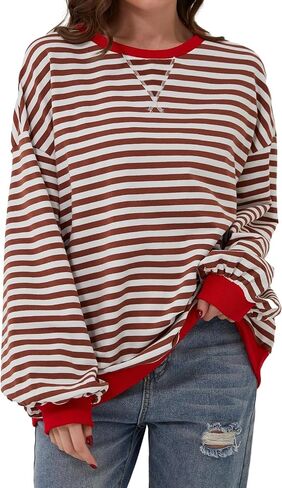 Women Oversized Sweatshirt Long Sleeve Striped Color Block Crewneck Casual Shirts Loose Pullover Y2K Top in Saudi Arabia